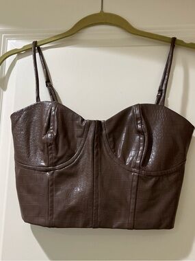 Express Chocolate Brown Faux Leather Cropped Bustier Top